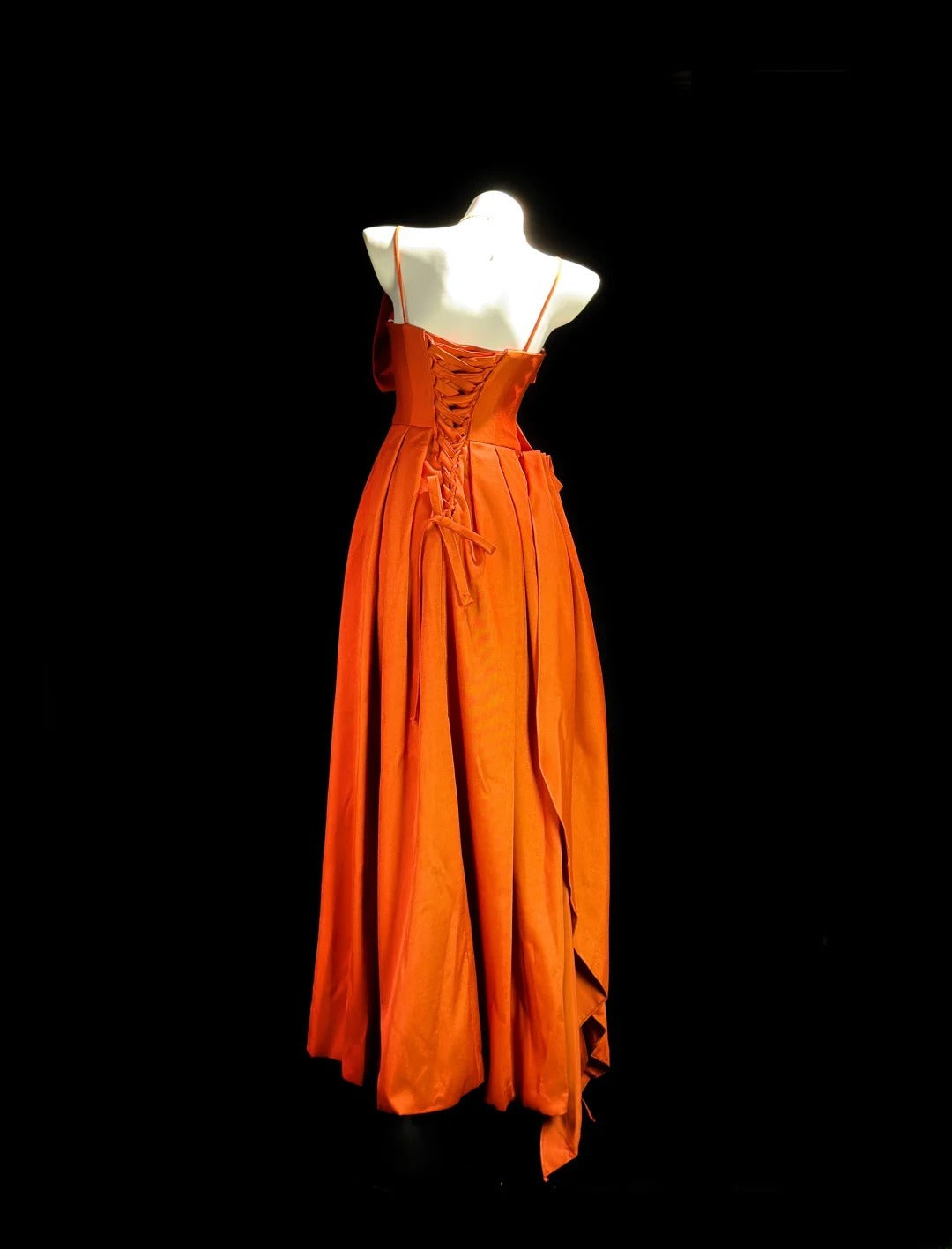 Vintage Prom Dresses A Line Spaghetti Strap Orange Satin With Bow Evening Dress Formal Outfits RB5861