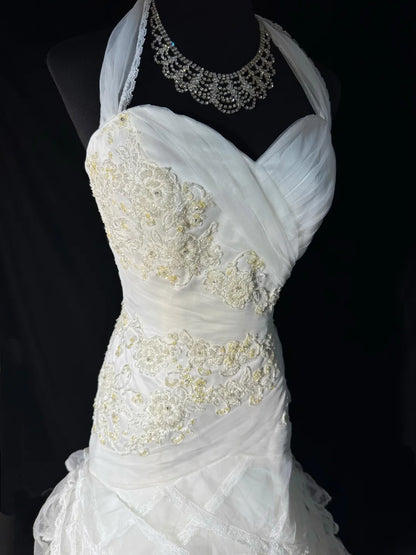 Timeless Long Wedding Gowns 70s Ideas Classy Halter Dresses Mermaid Bohemian Style for Bride With Fitted Pleated Tiered Bridal Gown AS055