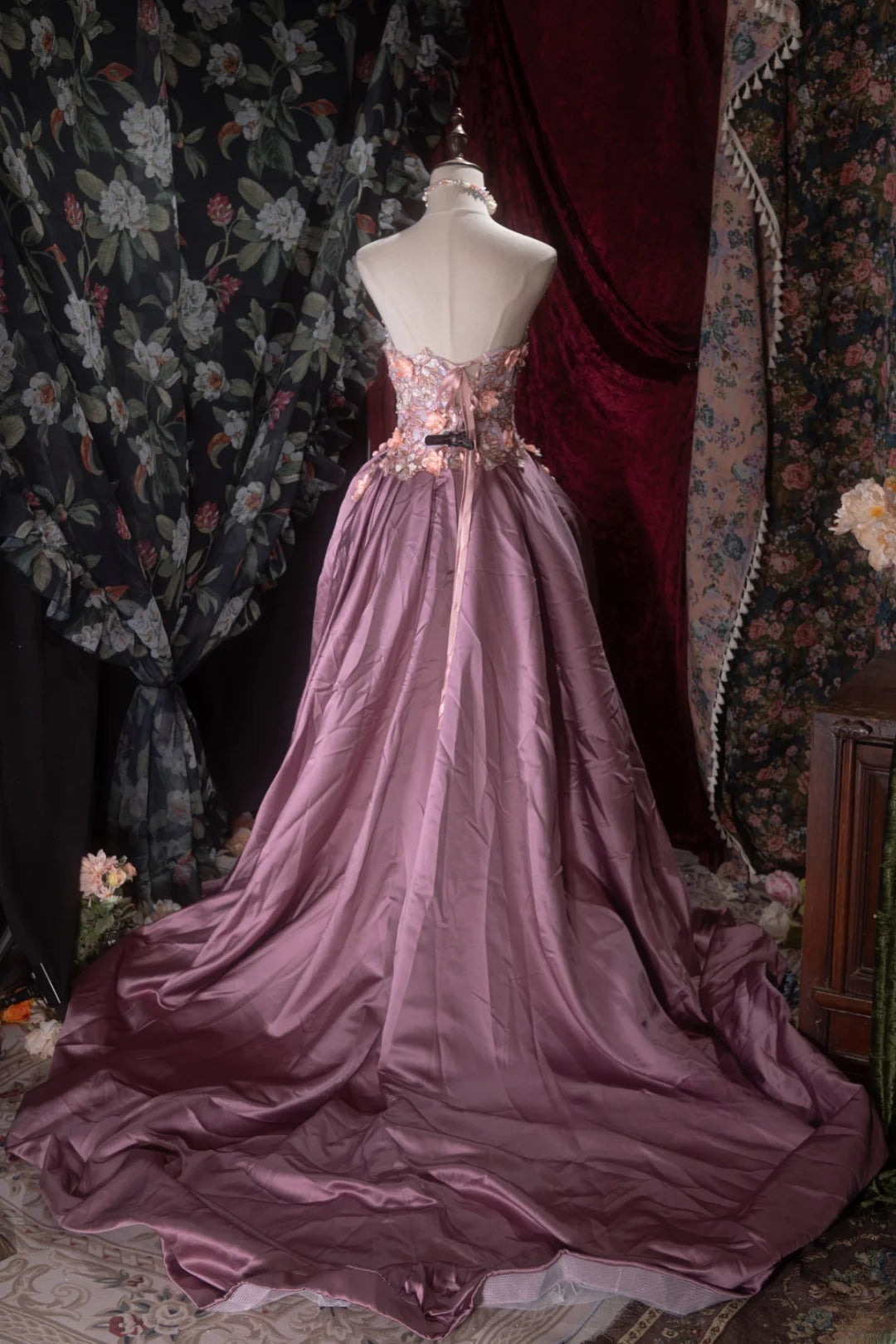 Elegant High Low Sweetheart Satin Lilac With Lace Long Prom Dresses Formal Outfit Evening Night Dress RB8078