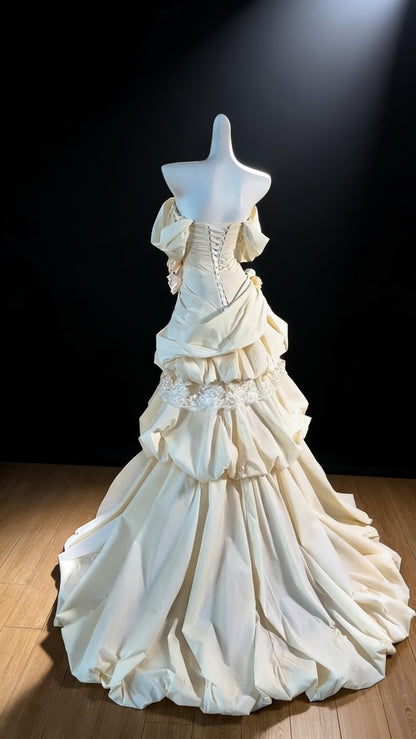 Prom Dress Mermaid Off The Shoulder White Taffeta Ruffled Flowers Floor Length High School Graduation Party Dresses RC1085