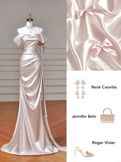 Timeless Wedding Dresses Mermaid Off The Shoulder Light Pink Satin Pleated Brides Dress Style For Brides With Corset Fitted Bridal Gowns AQ055
