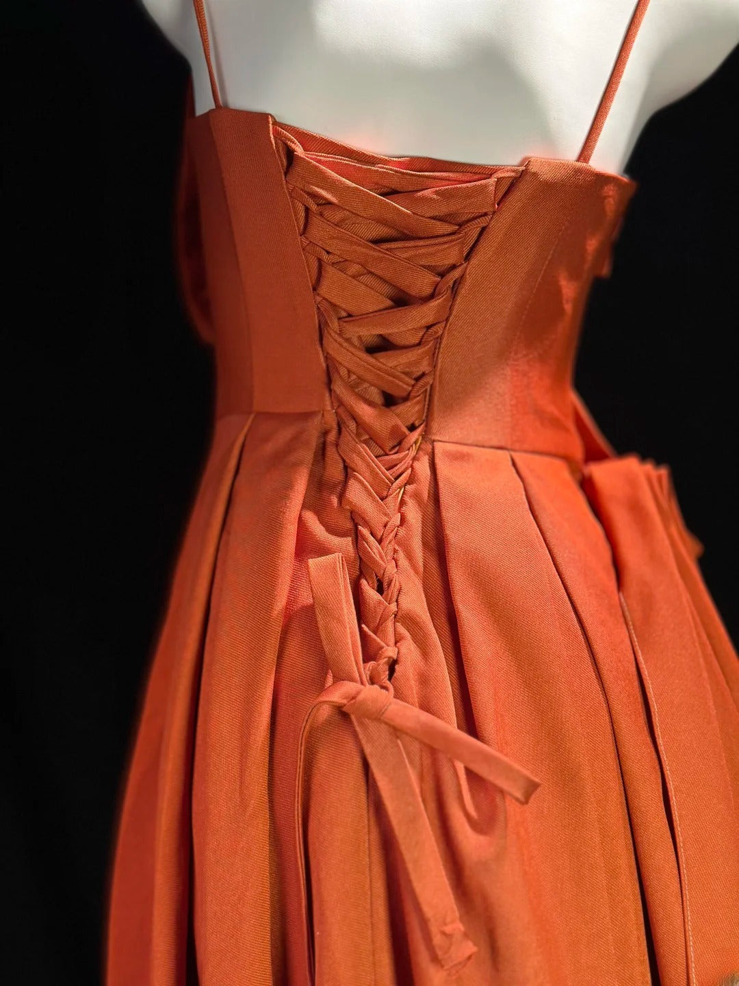 Vintage Prom Dresses A Line Spaghetti Strap Orange Satin With Bow Evening Dress Formal Outfits RB5861
