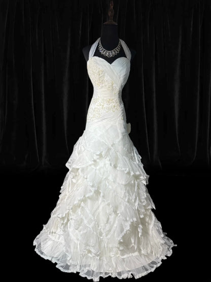 Timeless Long Wedding Gowns 70s Ideas Classy Halter Dresses Mermaid Bohemian Style for Bride With Fitted Pleated Tiered Bridal Gown AS055