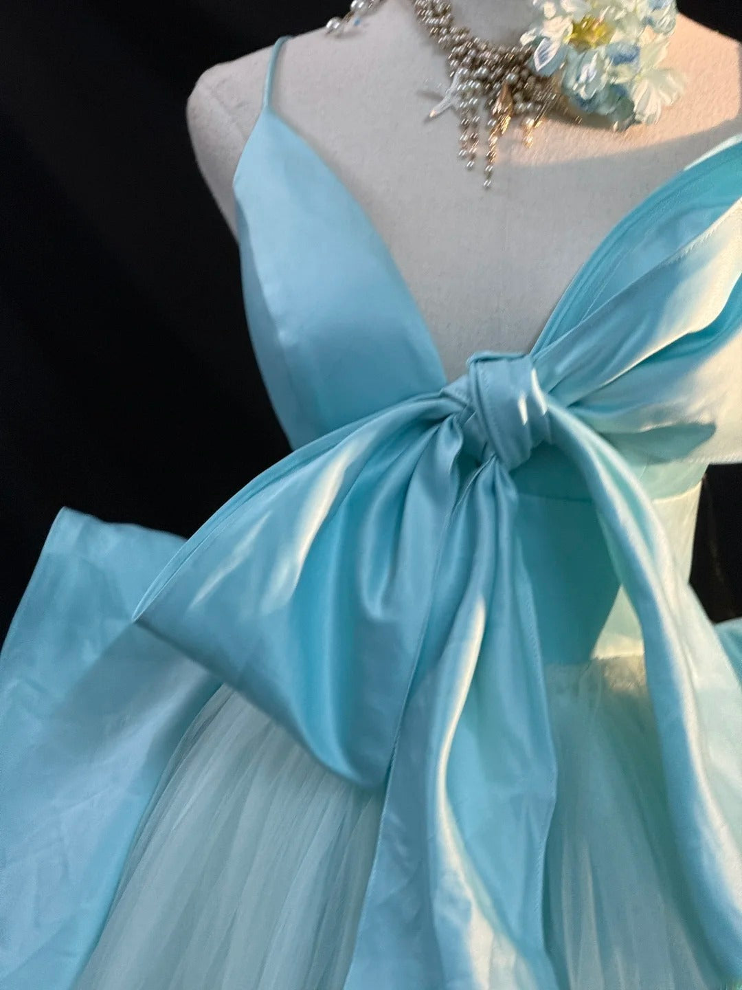 Cute Ball Gown Spaghetti Strap Satin Blue Tulle With Bow-knot Long Quinceanera Dress vestido de 15 de cenicienta RB3457