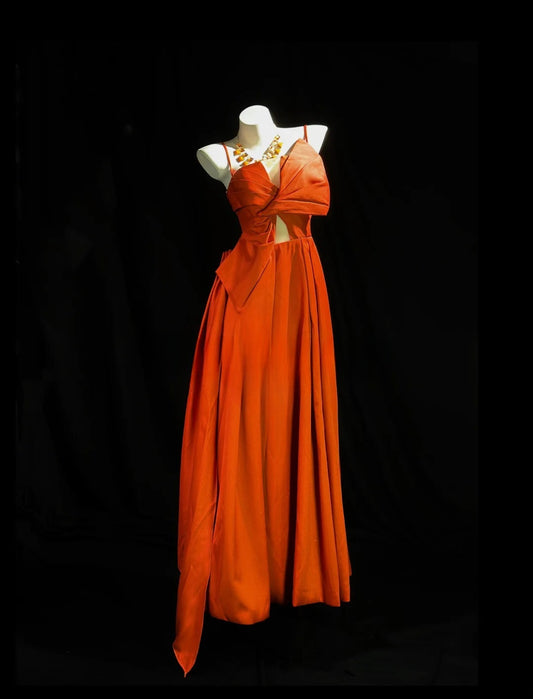 Vintage Prom Dresses A Line Spaghetti Strap Orange Satin With Bow Evening Dress Formal Outfits RB5861