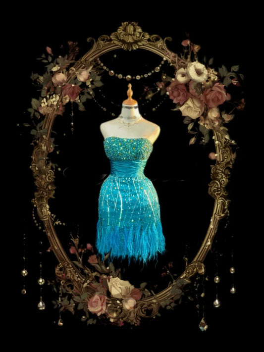 Elegant Sheath Strapless Blue Sequin Party Dress Short Mini 15th Birthday Dresses Hoco Outfits RB3458