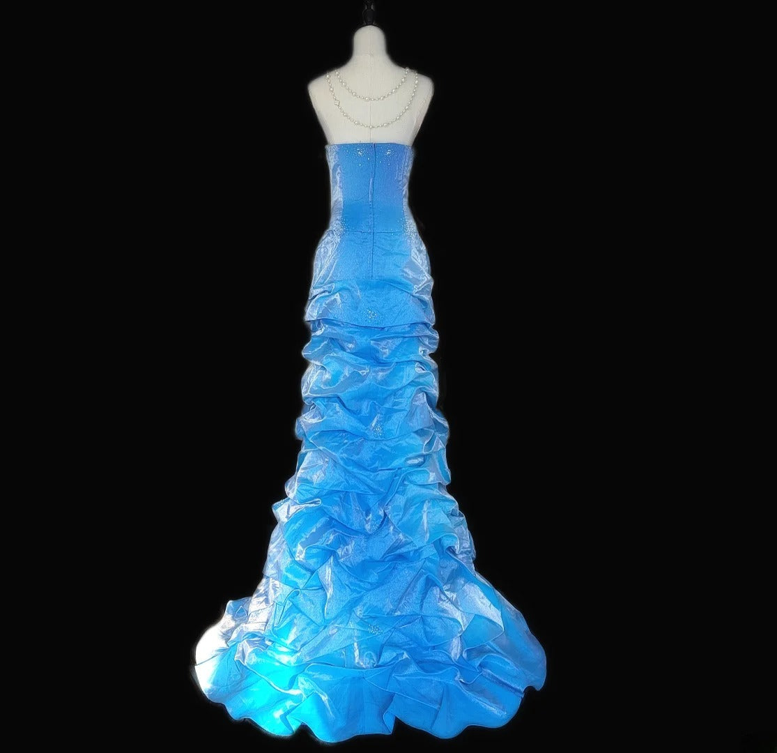 Vintage 1950s A line Strapless Blue Organza With Beads Long Prom Dresses High School Senior Graduation Dance Evening Gown AS056