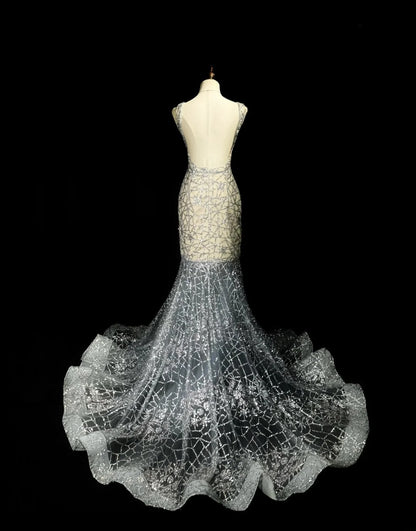 Sparkly Prom Dresses Mermaid V Neck Silver Gray Backless Sequin Long Evening Formal Outfits RB5862