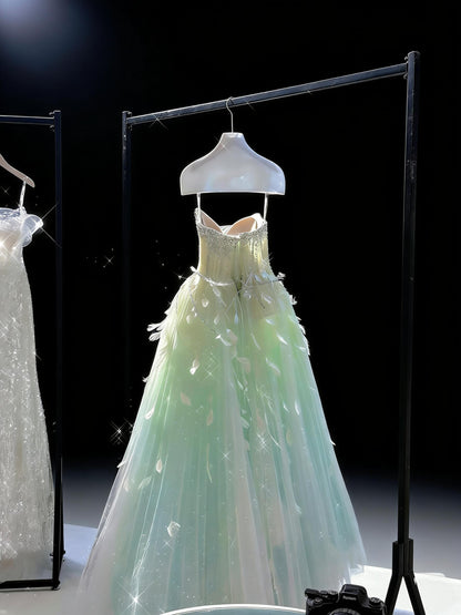 Fairy Quinceanera Dress Ball Gown Sweetheart Green Blue Tulle With Feathers Beading Quince Dresses RC1085