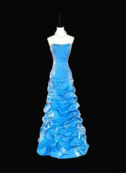 Vintage 1950s A line Strapless Blue Organza With Beads Long Prom Dresses High School Senior Graduation Dance Evening Gown AS056