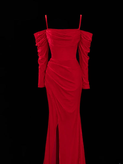 Simple Formal Mermaid Off The Shoulder Red With Slit Ruched Style Impress Long Prom Dresses Party Gowns SA056