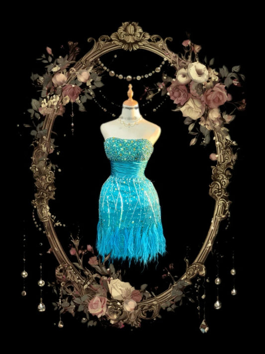Elegant Sheath Strapless Blue Sequin Party Dress Short Mini 15th Birthday Dresses Hoco Outfits RB3458