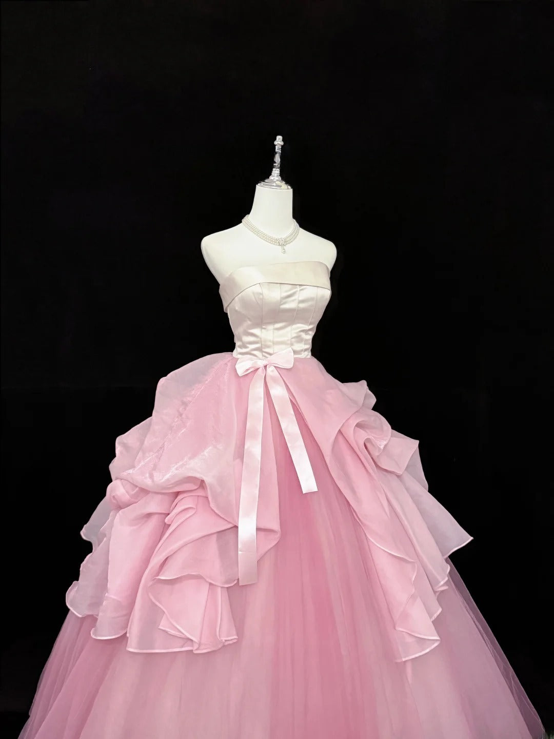Modest Ball Gown Strapless Pink Satin Tulle With Bow Ruffled Quince Dress Voluminous Sweet 16 Sweet Sixteen Outfits Vestido de RB7427