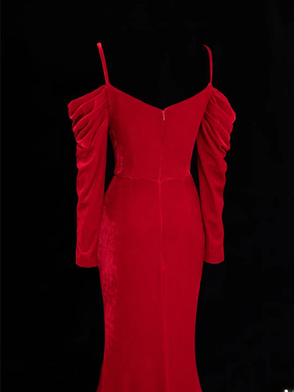Simple Formal Mermaid Off The Shoulder Red With Slit Ruched Style Impress Long Prom Dresses Party Gowns SA056