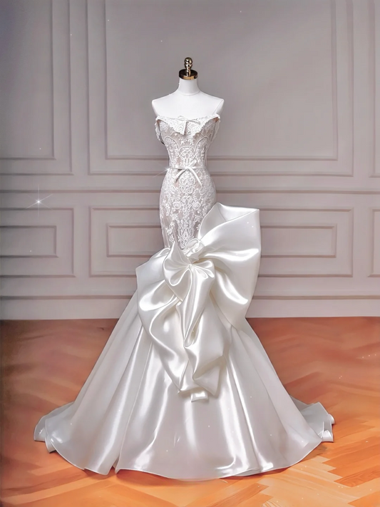 Timeless Wedding Dresses Mermaid Strapless White Sleeveless Lace Brides Dress Style For Brides With Corset Fitted Bridal Gowns AQ056