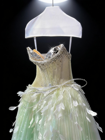 Fairy Quinceanera Dress Ball Gown Sweetheart Green Blue Tulle With Feathers Beading Quince Dresses RC1085