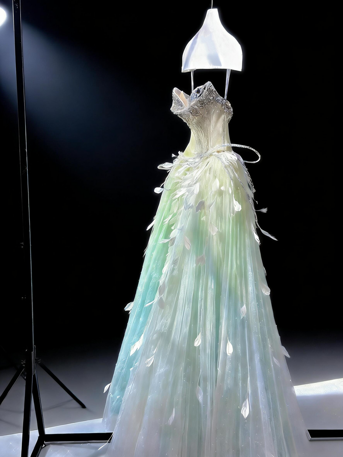 Fairy Quinceanera Dress Ball Gown Sweetheart Green Blue Tulle With Feathers Beading Quince Dresses RC1085