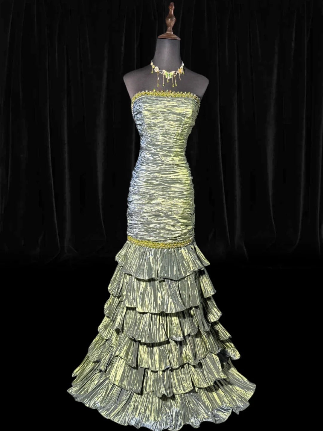 Classy Mermaid Strapless Sleeveless Green Taffeta With Beads Tiered Long Formal Fancy Evening Dresses Dinner Outfits Classy Party Gowns AS057