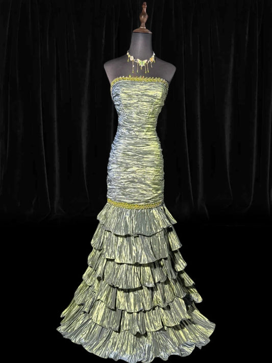 Classy Mermaid Strapless Sleeveless Green Taffeta With Beads Tiered Long Formal Fancy Evening Dresses Dinner Outfits Classy Party Gowns AS057