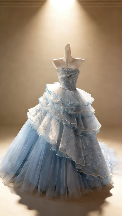 Pretty Quinceanera Dress Ball Gown Strapless Blue With Tiered Layers 15th Birthday Party Outfit RC1086