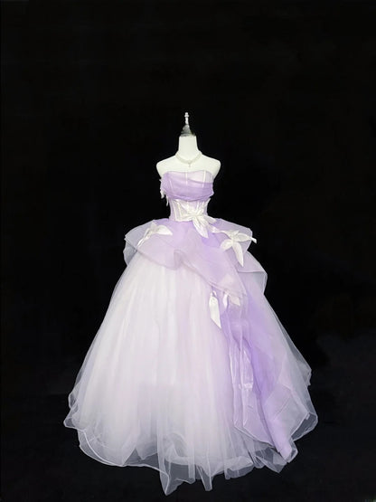 Modest Ball Gown Strapless Lilac Tulle With Flowers Ruffled Quince Dress Voluminous Sweet 16 Sweet Sixteen Outfits Vestido de RB7428