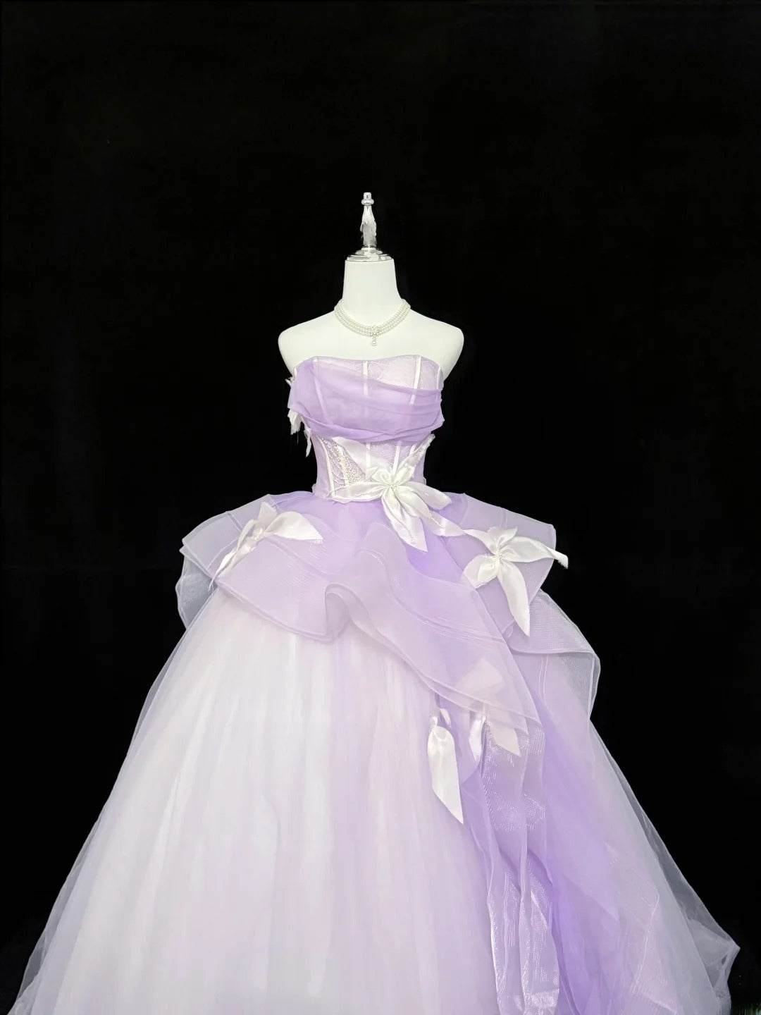 Modest Ball Gown Strapless Lilac Tulle With Flowers Ruffled Quince Dress Voluminous Sweet 16 Sweet Sixteen Outfits Vestido de RB7428