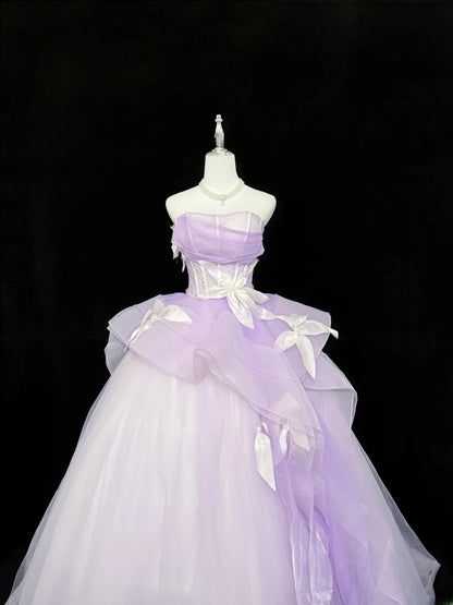 Modest Ball Gown Strapless Lilac Tulle With Flowers Ruffled Quince Dress Voluminous Sweet 16 Sweet Sixteen Outfits Vestido de RB7428