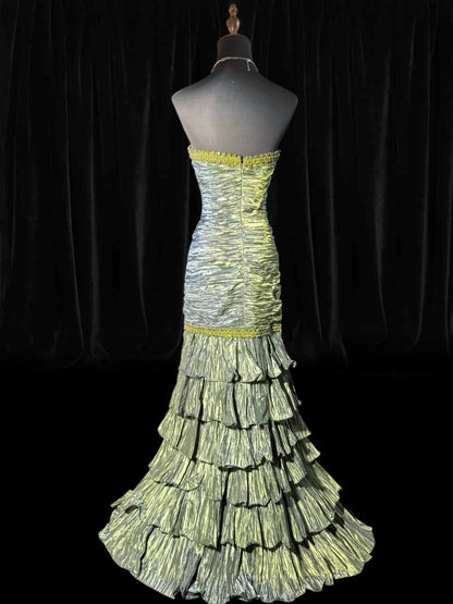 Classy Mermaid Strapless Sleeveless Green Taffeta With Beads Tiered Long Formal Fancy Evening Dresses Dinner Outfits Classy Party Gowns AS057