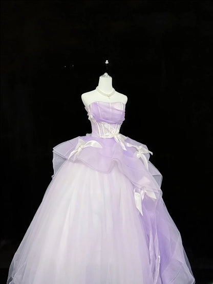 Modest Ball Gown Strapless Lilac Tulle With Flowers Ruffled Quince Dress Voluminous Sweet 16 Sweet Sixteen Outfits Vestido de RB7428