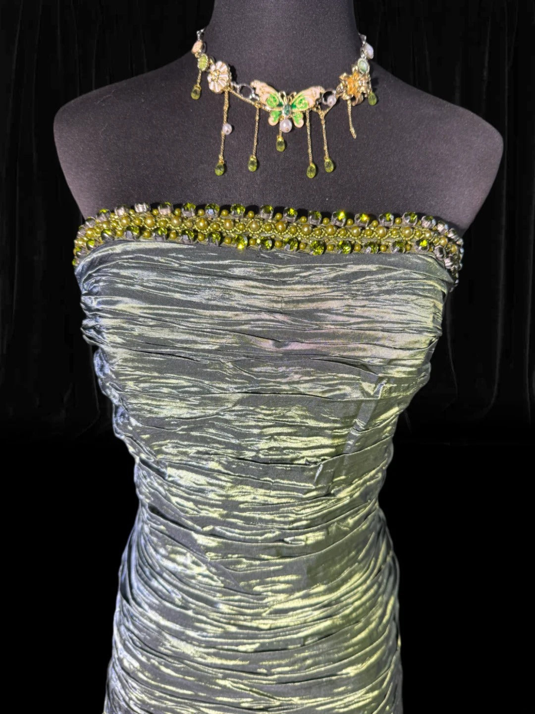 Classy Mermaid Strapless Sleeveless Green Taffeta With Beads Tiered Long Formal Fancy Evening Dresses Dinner Outfits Classy Party Gowns AS057