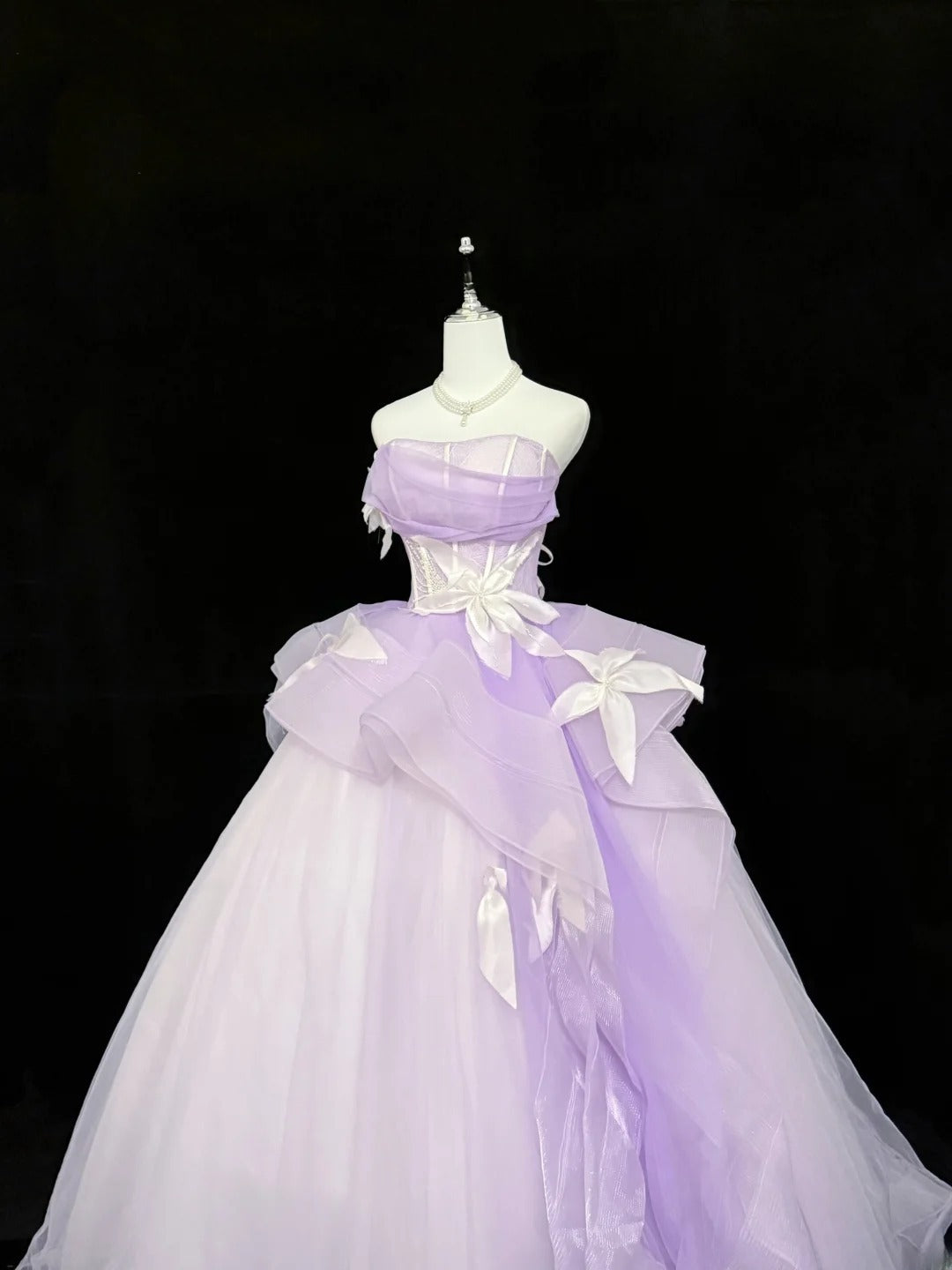Modest Ball Gown Strapless Lilac Tulle With Flowers Ruffled Quince Dress Voluminous Sweet 16 Sweet Sixteen Outfits Vestido de RB7428
