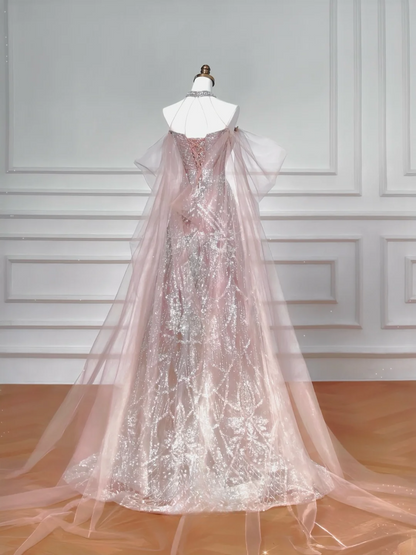 Glitter A line High Neck Pink Sequins Long Formal Fancy Prom Evening Dress Dinner Outfits Party Gowns For Teens AQ058