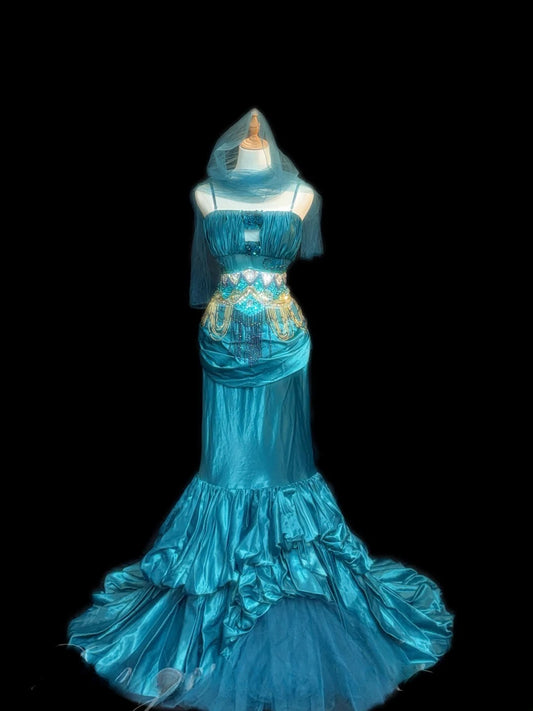 Vintage Prom Dresses Mermaid Spaghetti Strap Sleeveless Blue Corset Fitted Long Evening Formal Outfits RB3459