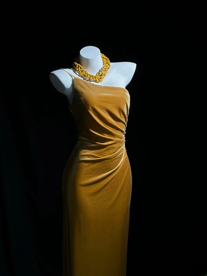 Vintage Prom Dresses Mermaid One Shoulder Gold Vevelt Long Evening Dress Formal Outfits RB5864