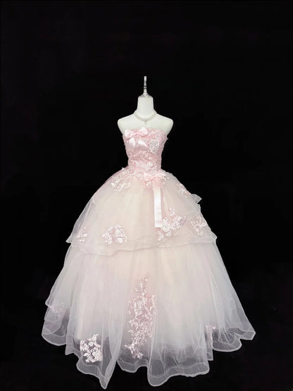 Modest Ball Gown Strapless Pink Tulle With Appliqued Lace Quince Dress Voluminous Sweet 16 Sweet Sixteen Outfits Vestido de RB7429