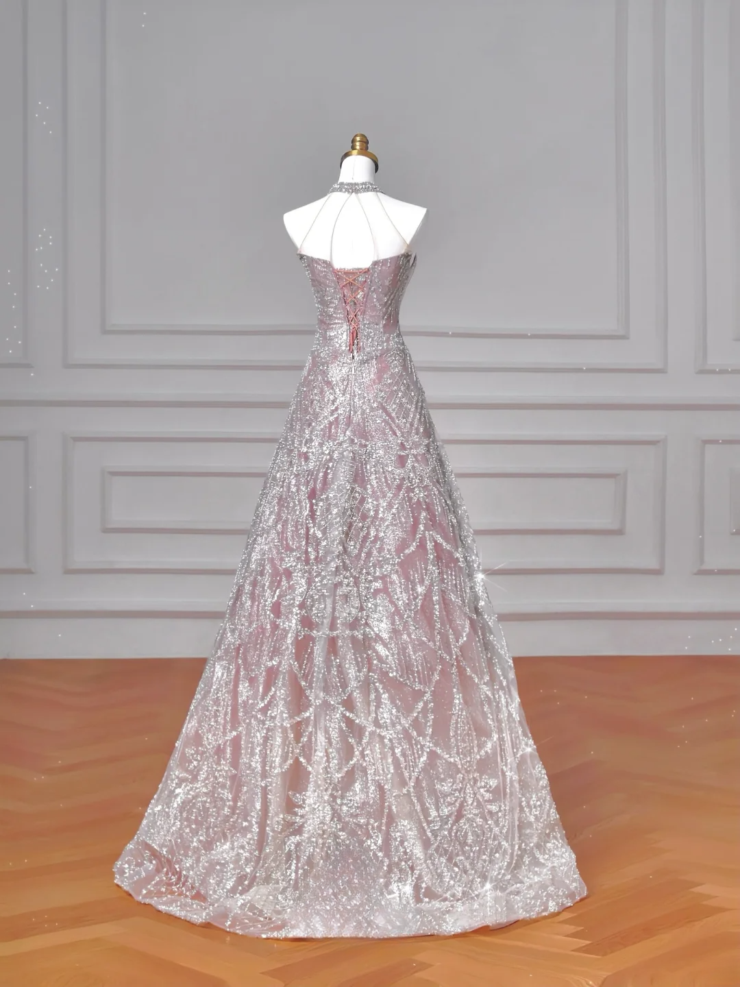 Glitter A line High Neck Pink Sequins Long Formal Fancy Prom Evening Dress Dinner Outfits Party Gowns For Teens AQ058