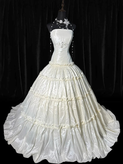 Vintage Long Wedding Gowns 1960s Dresses Ball Gown Strapless Style for Bride With Pleated Lace Train White Bridal Gown AS058