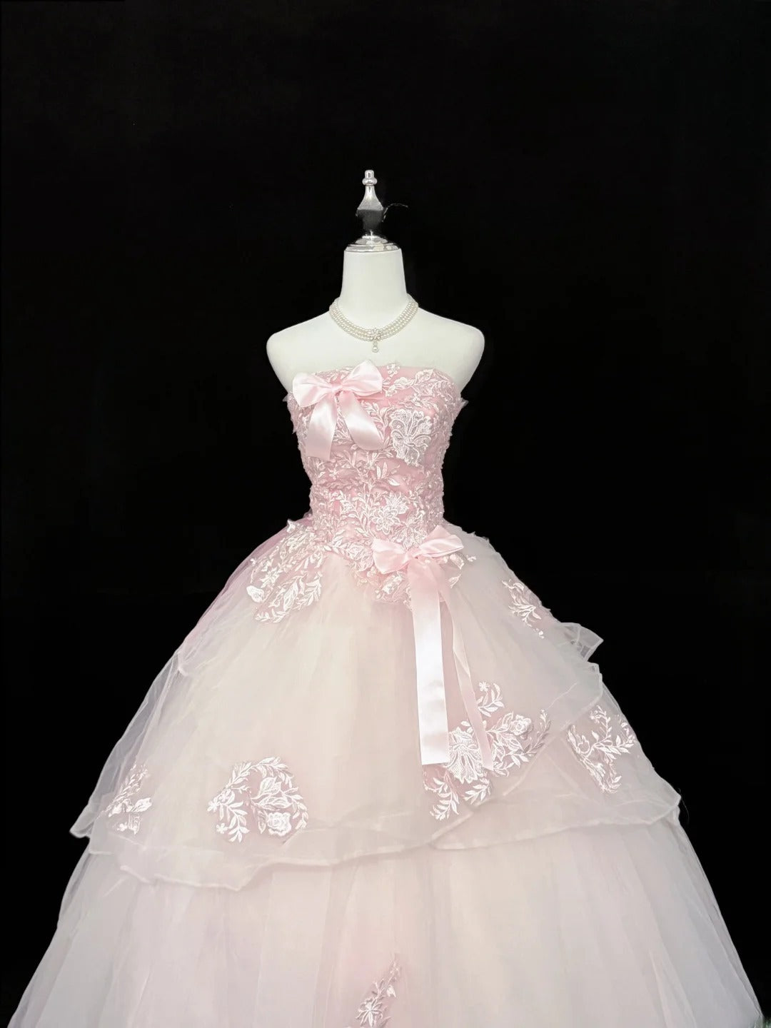 Modest Ball Gown Strapless Pink Tulle With Appliqued Lace Quince Dress Voluminous Sweet 16 Sweet Sixteen Outfits Vestido de RB7429