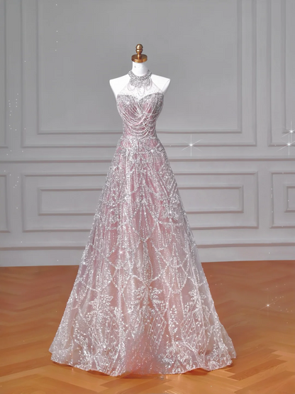 Glitter A line High Neck Pink Sequins Long Formal Fancy Prom Evening Dress Dinner Outfits Party Gowns For Teens AQ058