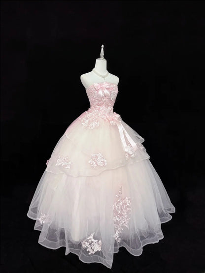 Modest Ball Gown Strapless Pink Tulle With Appliqued Lace Quince Dress Voluminous Sweet 16 Sweet Sixteen Outfits Vestido de RB7429