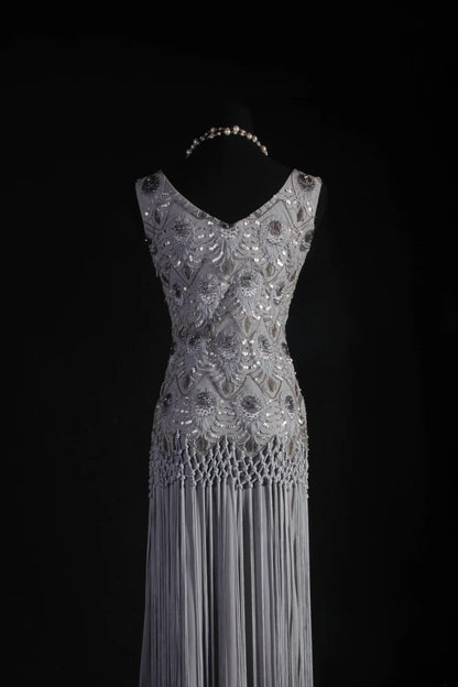 Vintage Sheath V Neck Lace Silver Gray Tassel Long Party Dress With Beads 1950s Retro Classy Birthday Dinner Prom Dress AS058