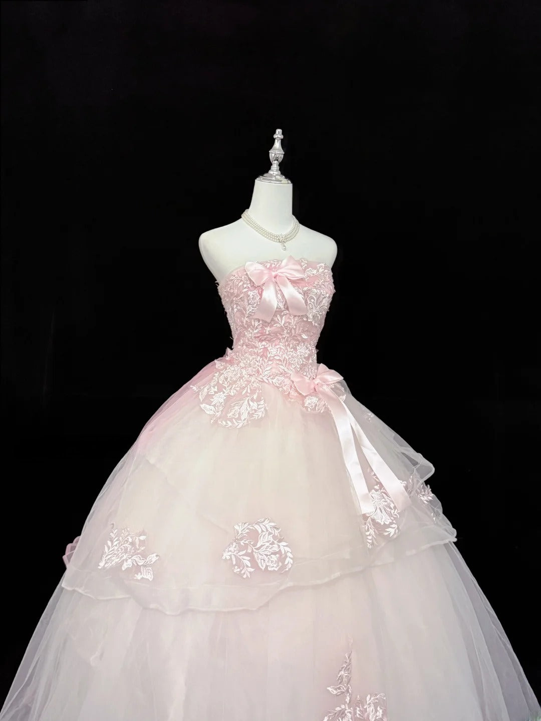 Modest Ball Gown Strapless Pink Tulle With Appliqued Lace Quince Dress Voluminous Sweet 16 Sweet Sixteen Outfits Vestido de RB7429