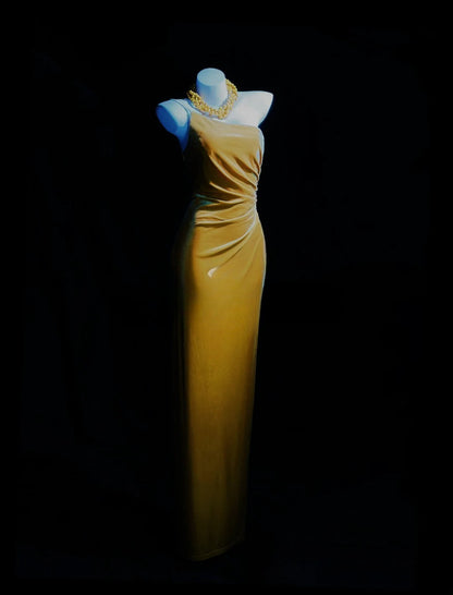 Vintage Prom Dresses Mermaid One Shoulder Gold Vevelt Long Evening Dress Formal Outfits RB5864