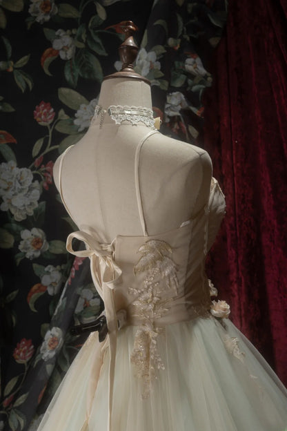 Elegant Ball Gown Spaghetti Straps Champagne Blue Tulle With Flowers Long Quince Dress Quinceanera Dresses Formal Birthday Outfits RB8080