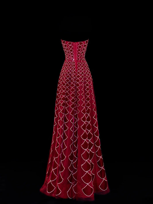Modest Prom Dress Aesthetic Ball Gowns Strapless Burgundy Velvet Style Impress With Beadings Long Party Formal Gown SA058