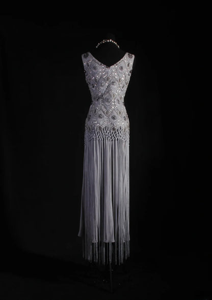 Vintage Sheath V Neck Lace Silver Gray Tassel Long Party Dress With Beads 1950s Retro Classy Birthday Dinner Prom Dress AS058