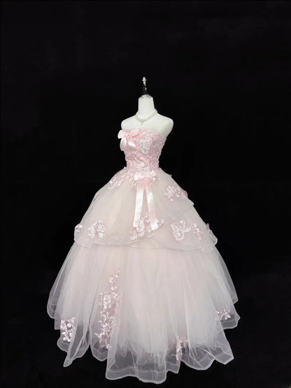 Modest Ball Gown Strapless Pink Tulle With Appliqued Lace Quince Dress Voluminous Sweet 16 Sweet Sixteen Outfits Vestido de RB7429