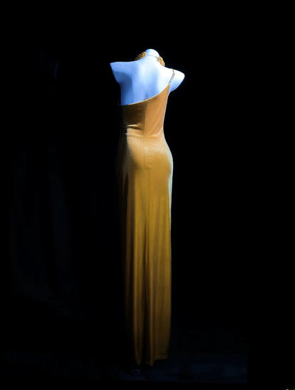 Vintage Prom Dresses Mermaid One Shoulder Gold Vevelt Long Evening Dress Formal Outfits RB5864