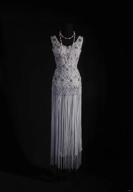 Vintage Sheath V Neck Lace Silver Gray Tassel Long Party Dress With Beads 1950s Retro Classy Birthday Dinner Prom Dress AS058