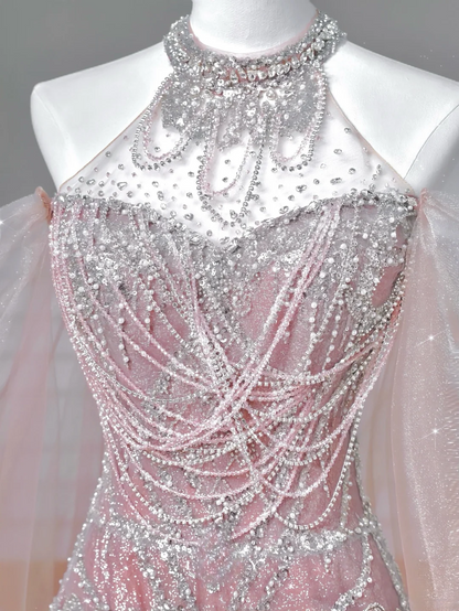 Glitter A line High Neck Pink Sequins Long Formal Fancy Prom Evening Dress Dinner Outfits Party Gowns For Teens AQ058